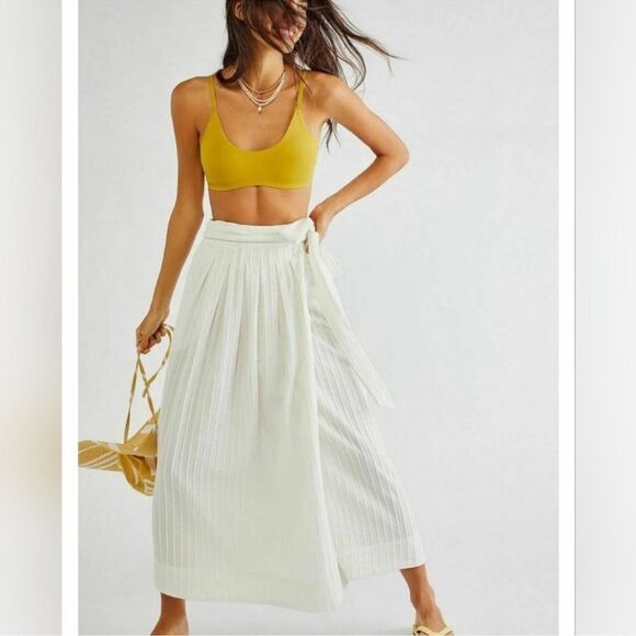 Free People Rey Wrap Midi Skirt Pleated IVORY S